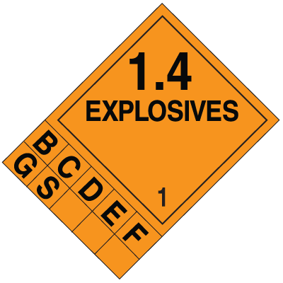A orange and black photograph of a 03092 dot 1.4 explosives placard system w/ numbers and letters.
