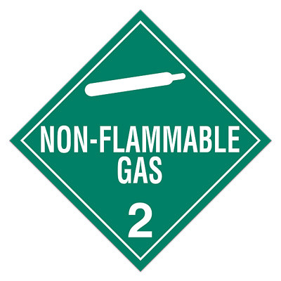 A green and white photograph of a 03103 class 2 dot hazardous material placards, reading non-flammable gas with graphic.