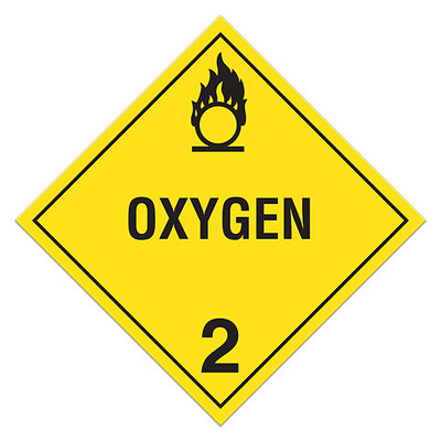A yellow and black photograph of a 03104 class 2 dot hazardous material placards, reading oxygen with graphic.