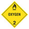 A yellow and black photograph of a 03104 class 2 dot hazardous material placards, reading oxygen with graphic.