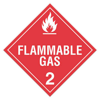 A red and white photograph of a 03105 class 2 dot hazardous material placards, reading flammable gas with graphic.