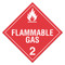 A red and white photograph of a 03105 class 2 dot hazardous material placards, reading flammable gas with graphic.