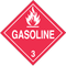 A red and white photograph of a 03106 class 3 dot hazardous material placards, reading gasoline with graphic.