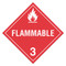 A red and white photograph of a 03107 class 3 dot hazardous material placards, reading flammable with graphic.