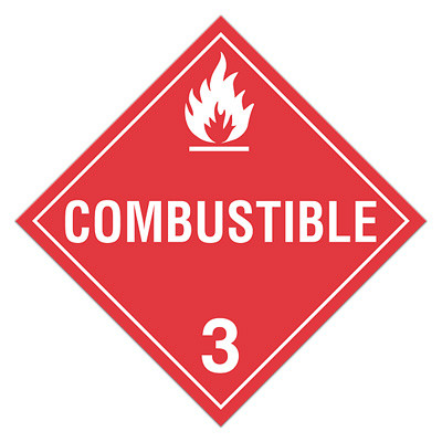 A red and white photograph of a 03108 class 3 dot hazardous material placards, reading combustible with graphic.