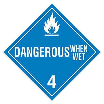 A blue and white photograph of a 03111 class 4 dot hazardous material placards, reading dangerous when wet with graphic.