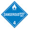 A blue and white photograph of a 03111 class 4 dot hazardous material placards, reading dangerous when wet with graphic.
