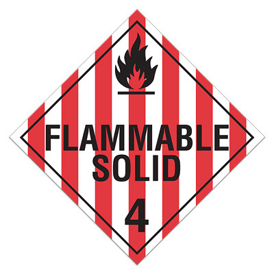 A red and white photograph of a 03112 class 4 dot hazardous material placards, reading flammable solid 4 with graphic.