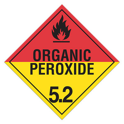 A red and yellow photograph of a 03113 class 5.2 dot hazardous material placards, reading organic peroxide with graphic.
