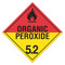 A red and yellow photograph of a 03113 class 5.2 dot hazardous material placards, reading organic peroxide with graphic.