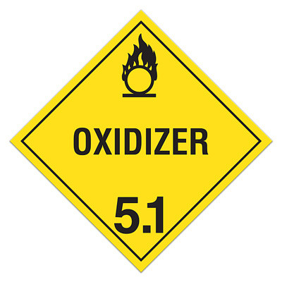 A yellow and black photograph of a 03114 class 5.1 dot hazardous material placards, reading oxidizer with graphic.