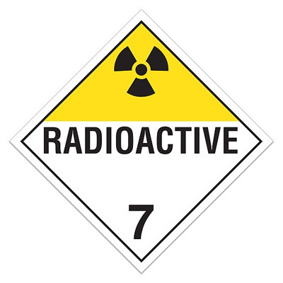 A yellow and white photograph of a 03119 class 7 dot hazardous material placards, reading radioactive 7 with graphic.