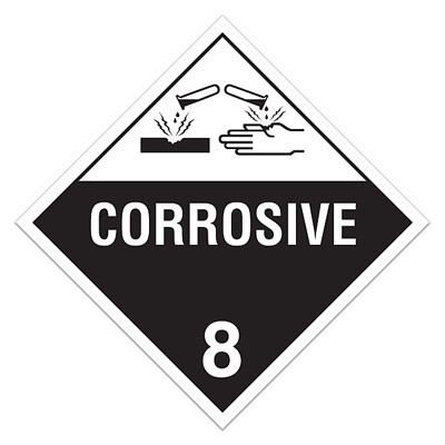 A white and black photograph of a 03120 class 8 dot hazardous material placards, reading corrosive 8 with graphic.