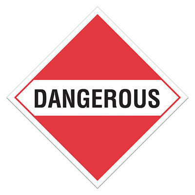 A red and white photograph of a 03122 dot hazardous material placards for mixed loads, reading dangerous.