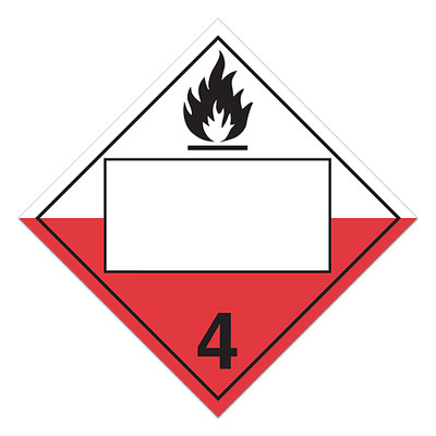 A red and white photograph of a 03146 4 digit blank class 4 dot placards, with spontaneously combustible graphic.