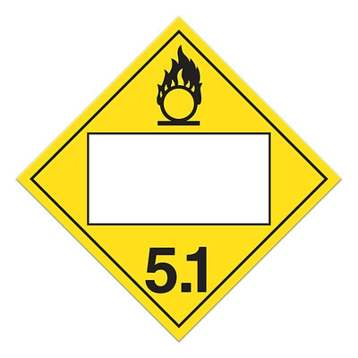 A yellow and white photograph of a 03148 4 digit blank class 5 dot placards, with oxidizer graphic.