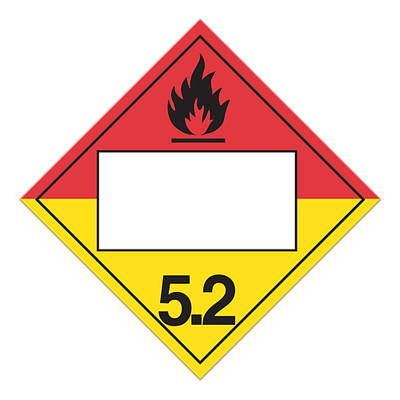 A red and yellow photograph of a 03149 4 digit blank class 5 dot placards, with organic peroxide graphic.
