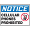 An image of safety sign 03199.  These signs feature a traditional OSHA blue "NOTICE" header.   The black text below reads "Cellular phones prohibited" with a graphic of a cell phone in a circle with a line through it to the right of the text.