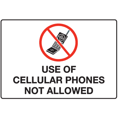 A white and black photograph of a 03199 sign, reading use of cellular phones not allowed, with graphic.
