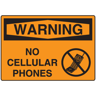 A orange and black photograph of a 03200 sign, reading warning no cellular phones, with graphic.