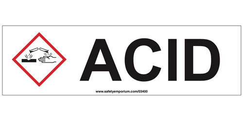 A drawing of a white acid cabinet label with a GHS corrosive pictogram and the word ACID in black text.