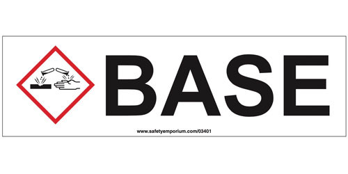 A drawing of a white base cabinet label with a GHS corrosive pictogram and the word BASE in black text.
