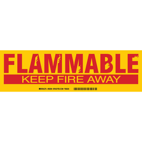 A red and yellow photograph of a 03407 flammable keep fire away cabinet labels.