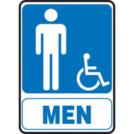 A blue and white photograph of a 03450 restroom signs, reading men, with male and wheelchair graphic in portrait mode.