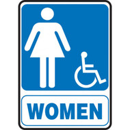 A blue and white photograph of a 03451 restroom signs, reading women, with female and wheelchair graphic in portrait mode.