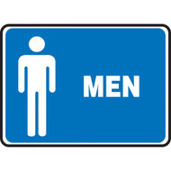 A blue and white photograph of a 03457 restroom signs,  reading men, with male graphic.