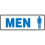 A photograph of a 03463 blue on white men restroom signs with graphic, and dimensions. 12 w x  4 h.