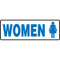 A photograph of a 03463 blue on white women restroom signs with graphic, and dimensions. 12 w x  4 h.