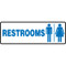 A photograph of a 03463 blue on white restroom signs with graphics, and dimensions. 12 w x  4 h.