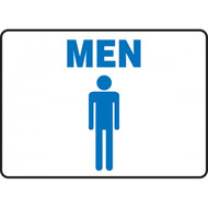 A photograph of a 03466 blue on white men restroom signs with graphic, in landscape mode.