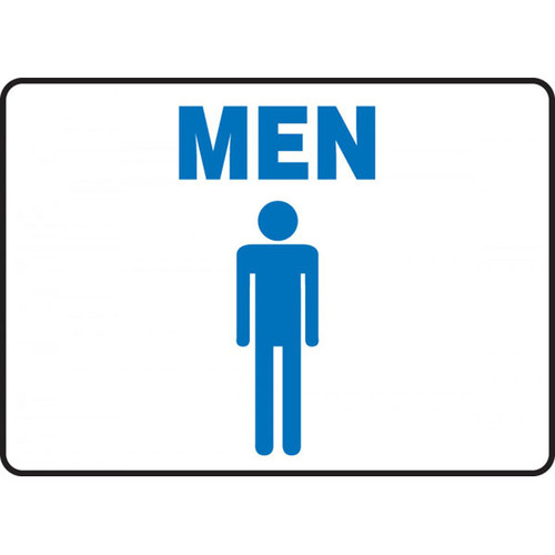 A photograph of a 03466 blue on white men restroom signs with graphic, in landscape mode.