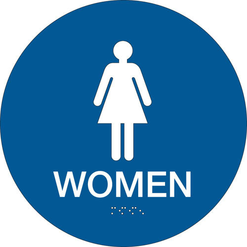 A blue and white photograph of a 03476 California ada rest room sign, reading women, with grade 2 braille.