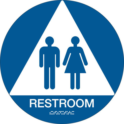A blue and white photograph of a 03477 California ada restroom sign with grade 2 braille.
