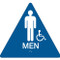 A blue and white photograph of a 03478 California ada rest room sign, reading men, with grade 2 braille and wheelchair icon.