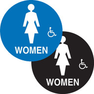 An image of two California ADA Women/Wheelchair Accessible Rest Room Signs, one with a blue background and the other with a black background.