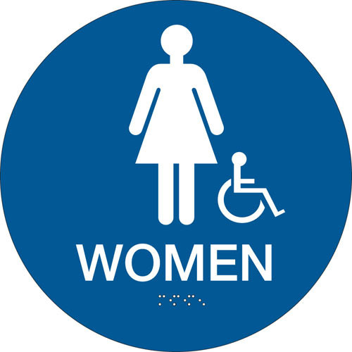 A blue and white photograph of a 03479 California ada rest room sign, reading women, with grade 2 braille and wheelchair graphic.
