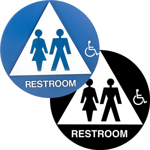 An image of two California Title 24 ADA Gender Neutral/Wheelchair Accessible Rest Room Sign, one with a blue background and the other with a black background. 