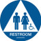 A blue and white photograph of a 03480 California ada restroom sign with grade 2 braille and wheelchair graphic.