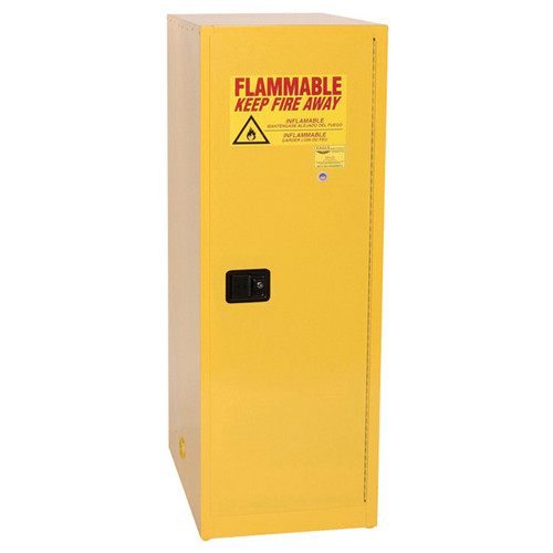 A photograph of a yellow 02004 eagle deep space saver flammable liquid safety cabinets, with 48 gallon storage capacity and door closed.