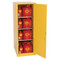 A photograph of a yellow 02004 eagle deep space saver flammable liquid safety cabinets, with 48 gallon storage capacity and door open.