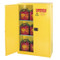 A photograph of a yellow standard 02005 eagle flammable liquid safety cabinets, with 45 gallon capacity and left door open.