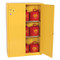 A photograph of a yellow standard 02005 eagle flammable liquid safety cabinets, with 45 gallon capacity and right door open.