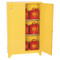 A photograph of a yellow tower 02005 eagle flammable liquid safety cabinets, with 45 gallon capacity and right door open.