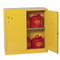 A photograph of a yellow standard 02006 eagle flammable liquid safety cabinets, with 30 gallon capacity and one door open.
