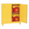 A photograph of a yellow tower 02006 eagle flammable liquid safety cabinets, with 30 gallon capacity and one door open.