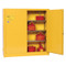 A photograph of a yellow 02008 eagle wall-mount flammable liquid safety cabinets, with 24 gallon capacity and one door open.